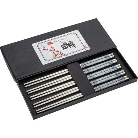Ensemble de 5 baguettes chinoises traditionnelles en acier inoxydable, décor porcelaine bleue et blanche, finition miroir, élégantes et agréables au toucher, pour une expérience culinaire raffinée. Lo (1/5)