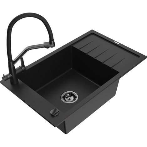 Mexen Elias 1 Becken-Granitspüle mit Abtropffläche und Mischbatterie Duo, Schwarz - 6511-77-671701-7