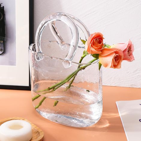 Glasvase für Blumen, transparente Taschenvasen mit Griff, einzigartige niedliche Handtaschenform, dekorative Blumenvasen mit Fischschale für Tafelaufsätze, Zuhause, Tischregal, Dekoration (1/5)
