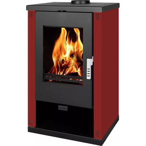 Poêle à bois Verso Theia 9 kW avec Panneaux Latéraux Peints en Bordeaux - Chauffage Puissant et Design Raffiné