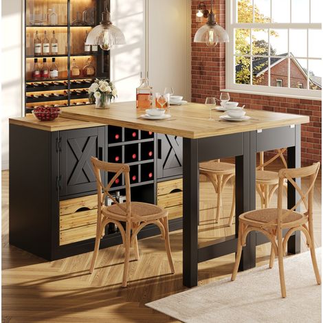 Table îlot de cuisine extensible 197x40x73,5 cm en MDF noir, gain de place pour cuisine FloraGrace (1/5)