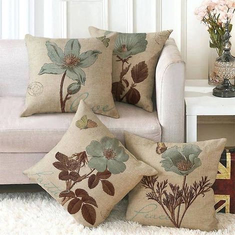 taie D'oreiller, Lot De 4-45 X 45 Cm (papillon & Fleur Rtro)en Coton Et Lin Housse De Coussin Carr Pour Lit Voiture De La Maison Canap (1/5)
