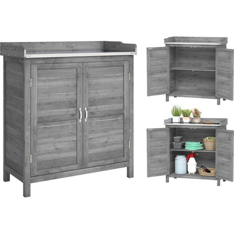 Table de plantation en bois avec meuble bas pour l'extérieur, armoire de jardin dotée d'un plan de travail galvanisé et de 2 étagères, couleur grise (1/5)