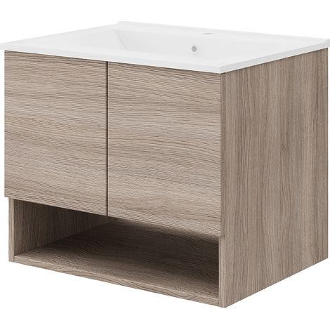 Saniverre – Meuble salle de bain 80 cm avec vasque simple encastrée – Chêne fumé – 2 portes soft-close – Caisson mural suspendu (1/5)