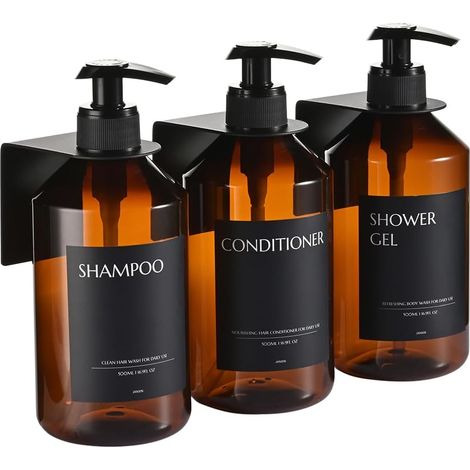 3 Pièces Distributeur Savon Liquide Mural sans Percage, Distributeur Savon Distributeur de Savon Ambre, Distributeur Savon Douche Mural, Pour Cuisine/Salle/Bain (1/5)