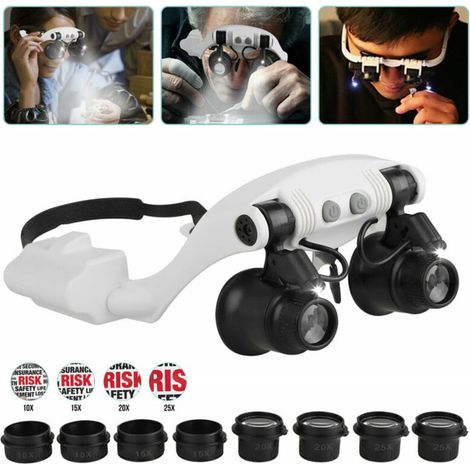 Loupe Frontale À Lentilles Interchangeables - 4 Paires De Lentilles 10X 15X 20X 25X - Lampe LED Réglable - Support Tête Ou Monture - Pour Bijouterie Horlogerie Micro-réparation (1/5)