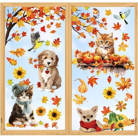 Lot de 9 décorations d'automne pour fenêtres avec chats et chiens, auto-adhésives, réutilisables