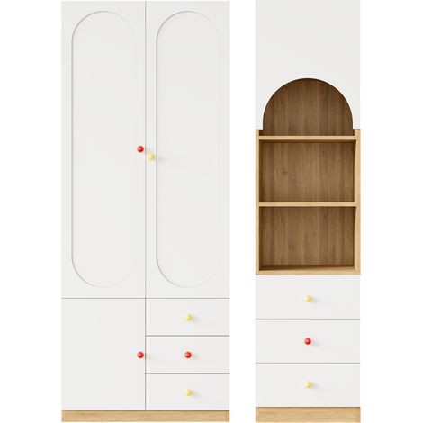 CAIziEnsemble d'armoire, meuble combiné avec armoire à 2 portes et étagère de rangement, meuble de chambre, armoire à 2 portes 80×45×200 cm, étagère de rangement 50×50×200 cm, blanc et aspect bois