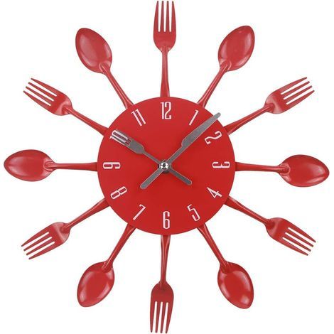 Küchenuhr aus Edelstahl mit farbenfrohem Besteckmotiv (Gabel, Löffel und Pfannenwender). Diese Designuhr eignet sich sowohl für die Innen- als auch für die Außenküche. Farbe: (1/5)