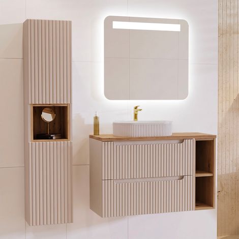Ensemble meuble simple vasque 100cm 2 tiroirs 2 niches et colonne Riva Cachemire et Bois (1/5)