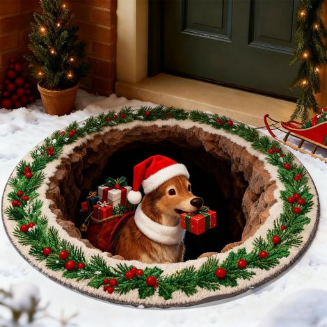 Tapis De Sol Noël - Ronde 40 Cm - Polyestere - Antidérapant - Absorbant - Facile À Nettoyer - Pour Entrée Salle De Bain Cuisine - 1 Pièce (1/5)