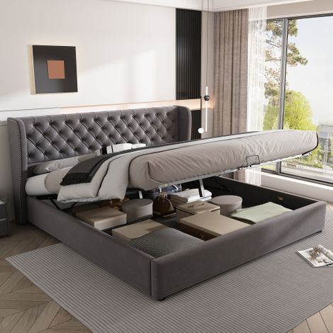 Lit coffre capitonné double 160 x 200 cm Sommier à lattes inclus Tissu velours gris Design en forme d'oreille élégant (1/5)