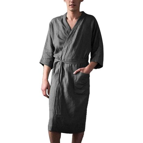 Peignoir homme pyjama, robe de bain à poches avec ceinture à nouer, kimono lin léger, taille 4XL, confortable et absorbant, idéal pour spa et détente. (1/5)