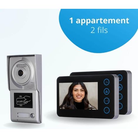 Portier interphone vidéo NEO 2 Fils - 1 appartement - 2 écrans noirs - avec lecteur de badge