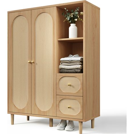 ELVMI Armadio 2 Ante, 2 Cassetti, Ripiani Aperti e Barra Appendiabiti, in MDF e Legno Massello, 120 x 48 x 161 cm, Rovere (1/5)