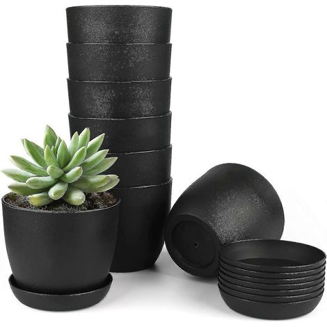 Lot de 8 pots de fleurs ronds en plastique noir épais de 10 cm avec soucoupes (1/5)