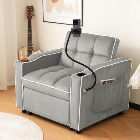 Fauteuil convertible 1 place avec porte-gobelet, support pour téléphone et rangement latéral – Velours beige (1/5)