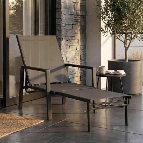 Chaise Longue Jardin Réglable à 5 Positions avec Repose-Pieds Rétractable et Accoudoirs. Acier. 63x185x55cm. Noir