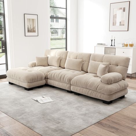 REDOM Canapé modulaire d'angle avec ottomans assortis, assise profonde, accoudoirs rembourrés, chenille vintage café clair