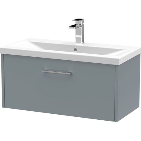 Winshill Contemporary 1 Drawer Wall Hung Vanity Unit with Mid-Edge Basin, Grey, 800mm (1/4)