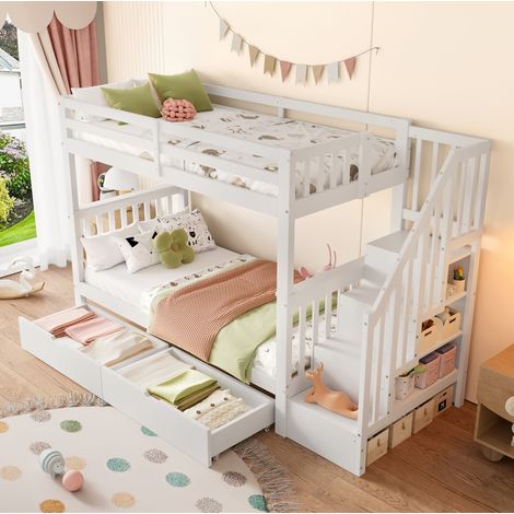 Etagenbett 90/200 cm weiß aus Kiefer und MDF mit Treppenregal und 2 Schubladen (1/5)