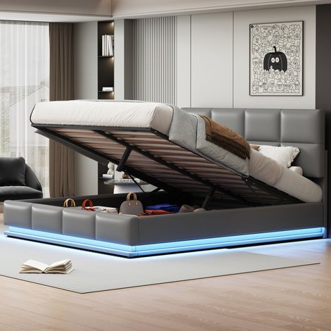 Lit coffre 180x200 cm avec LED, tête de lit réglable, effet cuir gris clair HAVRYA (1/5)