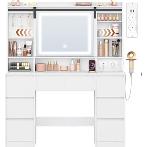 Coiffeuse enfant avec miroir mobile – Éclairage LED réglable – 7 tiroirs – Multiprise intégrée – Rangement bijoux – Dimensions 108x40x148,6 cm (1/5)