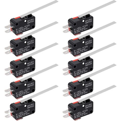 Micro Interrupteur Fin De Course - Levier Long SPDT 1NO 1NC - 15 A 125-250 VAC - Pour Arduino Projets Électroniques - Lot de 10 (1/5)