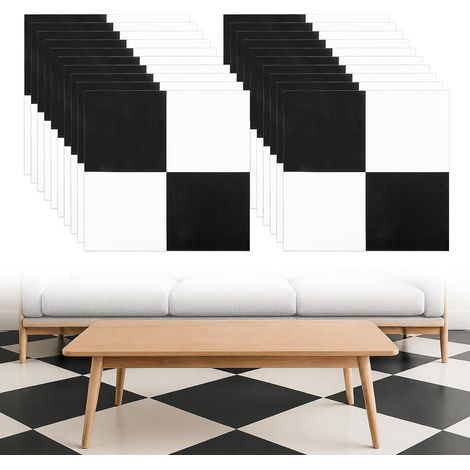 Lot de 20 revêtements de sol en PVC autocollants en vinyle - 30 x 30 cm - Motif damier noir et blanc - Imperméables - Pour cuisine, salon (1/5)