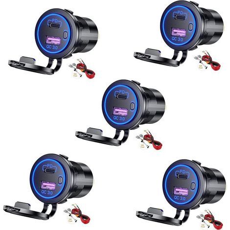 5X Chargeur de Voiture USB PD Type C et Chargeur Rapide QC 3.0 Prise de Courant 12 V avec Interrupteur Marche / Arrêt (1/2)