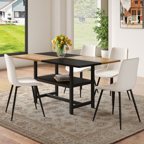Ensemble table à manger rectangulaire de 160 cm avec compartiment de rangement multifonctionnel et 4 chaises de salle à manger blanches en polyuréthane avec coussins d'assise élargis, convenant au sal (1/5)