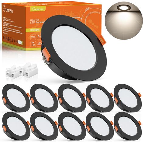 Spot LED Encastrable Noir Extra Plat, 5W 450Lumen Equivalent 50W Incandescence, 2700K-3000K Blanc Chaud Spot Salle de Bain IP44, Diamètre 98mm, Diamètre du Trou Φ75-85mm, Lot de 10 (1/5)
