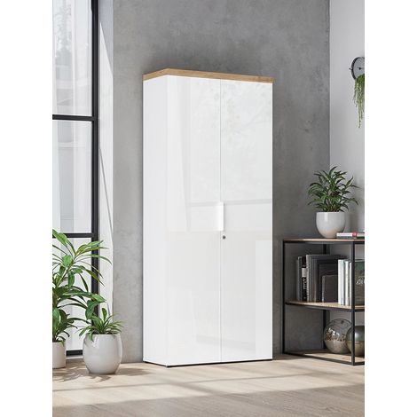 Armoire de bureau moderne H 190 cm blanc laqué/chêne Daisy (1/5)