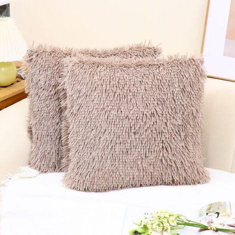 Housse de coussin luxueuse en fausse fourrure douce et laine, taie d'oreiller décorative, sans coussin, 45 x 45 cm, marron clair, lot de 2 (1/5)
