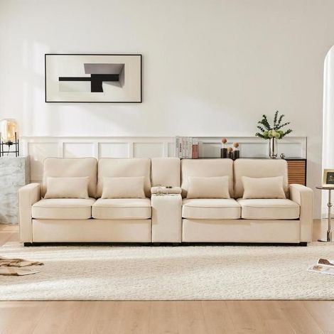 Canapé 4 places - KOMHTOM - KOMHTOM - Tissu lin beige - Console USB & porte-gobelets - Coffre de rangement (1/5)