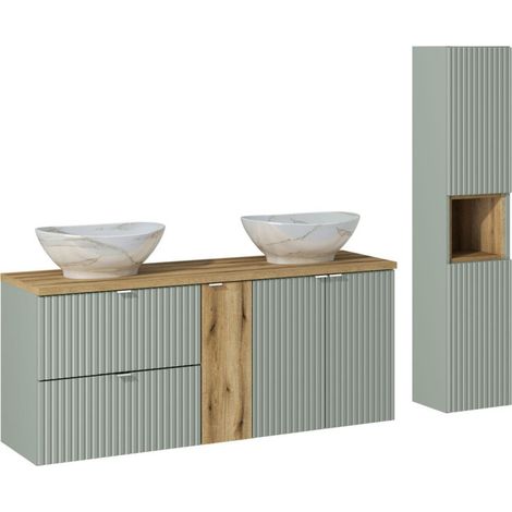 Meuble double vasques à poser 140 cm + rangement + colonne- A portes et tiroirs - Vert Roseau - Livraison gratuite