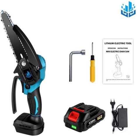 Tronçonneuse à Batterie 1200W. Mini Électrique Sans Fil 6 Pouces. Vitesse Réglable. Inclut Batterie et Chaîne
