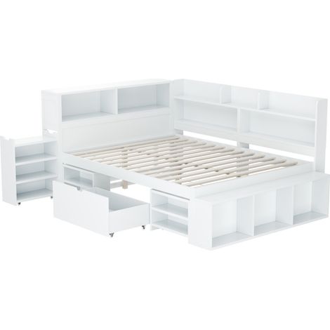 Multifunktionales Kinderbett 140 x 190 cm mit Schubladen, Regalen und Lattenrost, weiß (1/5)