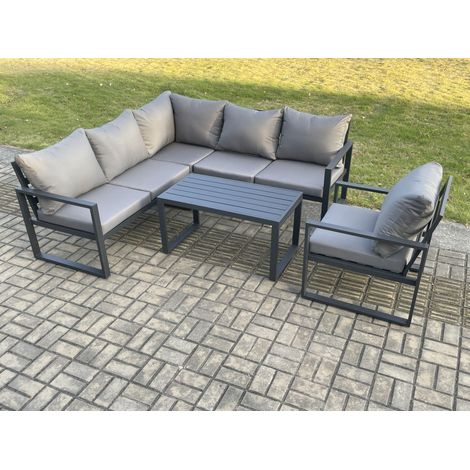Fimous Aluminium Outdoor Garden Furniture Set Lounge Sofa Oblong Coffee Table Sets with Chair Indoor Conservatory Set Dark Grey (1/5)