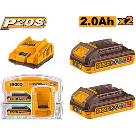 Chargeur de batteries + 2 batteries 2.0 Ah 20V - Tension entrée: 220-240 V50/60 Hz - tension de sortie: 20V - courant de sortie 2A - INGCO