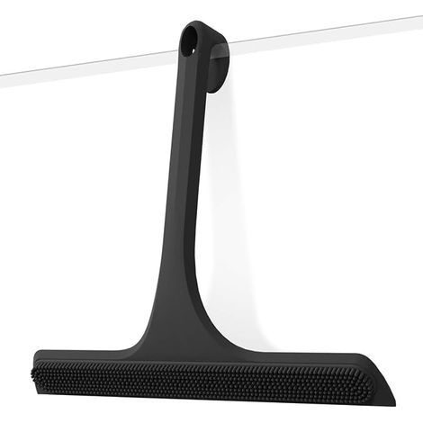 Raclette de douche en silicone 2-en-1 avec crochet, design double face avec lame de raclage et surface de nettoyage, sans traces pour verres, miroirs, fenêtres et pare-brise de voiture (Noir) (1/4)