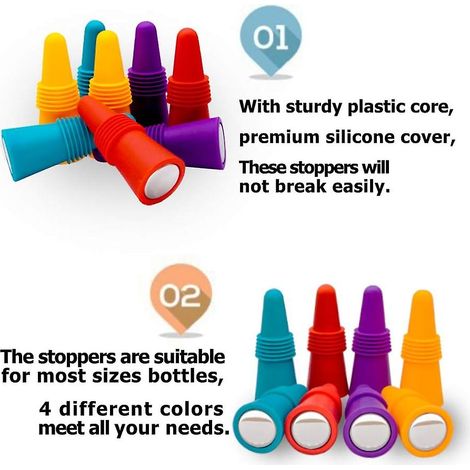 Lot de 8 bouchons à vin réutilisables en silicone avec poignée en liège - Couleurs assorties (1/5)