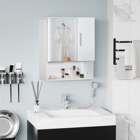 Mobiletto da bagno Kleankin con specchio, mobiletto sospeso per WC con 2 ante e 2 ripiani interni regolabili, 54x15,2x55,3 cm, bianco.