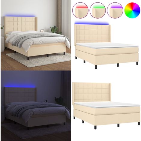 Sommier à lattes de lit matelas et LED Crème 140x200 cm Tissu - Sommier Tapissier - Lit Plateforme - Lit Avec Rangement - Tête De Lit Ajustable - Éclairage Led - Home & Living (1/5)