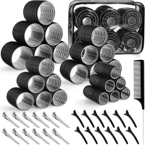 Fer à friser Ensemble de fers à friser auto-adhésifs 4 tailles - 50 bigoudis extra larges pour cheveux longs, cheveux courts et franges (25 mm, 36 mm, 48 mm, 60 mm), avec pinces, noir. (1/5)