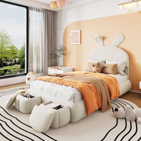 Lit 90x200 en velours beige avec LED et poufs HAVRYA (1/5)