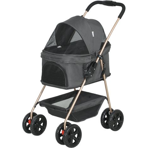 Poussette 3 en 1 pour chien et chat pliable 4 roues panier amovible grise