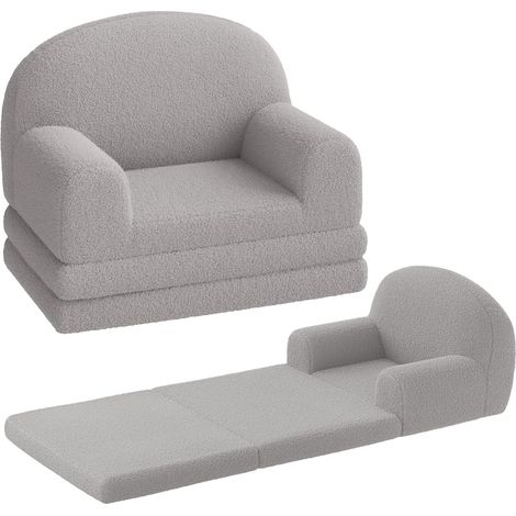 Canapé 2 en 1 convertible pour enfants, Fauteuil et lit pliable en peluche ours douce, chambre, salle de jeux, Gris (1/5)