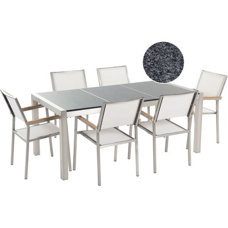 Set da Giardino Tavolo Piano Granito Grigio 6 Sedie Bianche 180 x 90 cm Grosseto