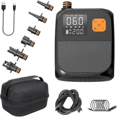 Bomba de aire eléctrica recargable de 25 PSI con LED, USB y 6 adaptadores para tablas de paddle surf, colchones de aire y tiendas de campaña. (1/5)